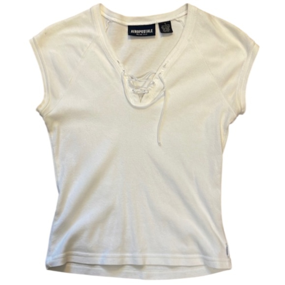 Aeropostale small slim fit white top cap sleeve lace up front 100% cotton size s